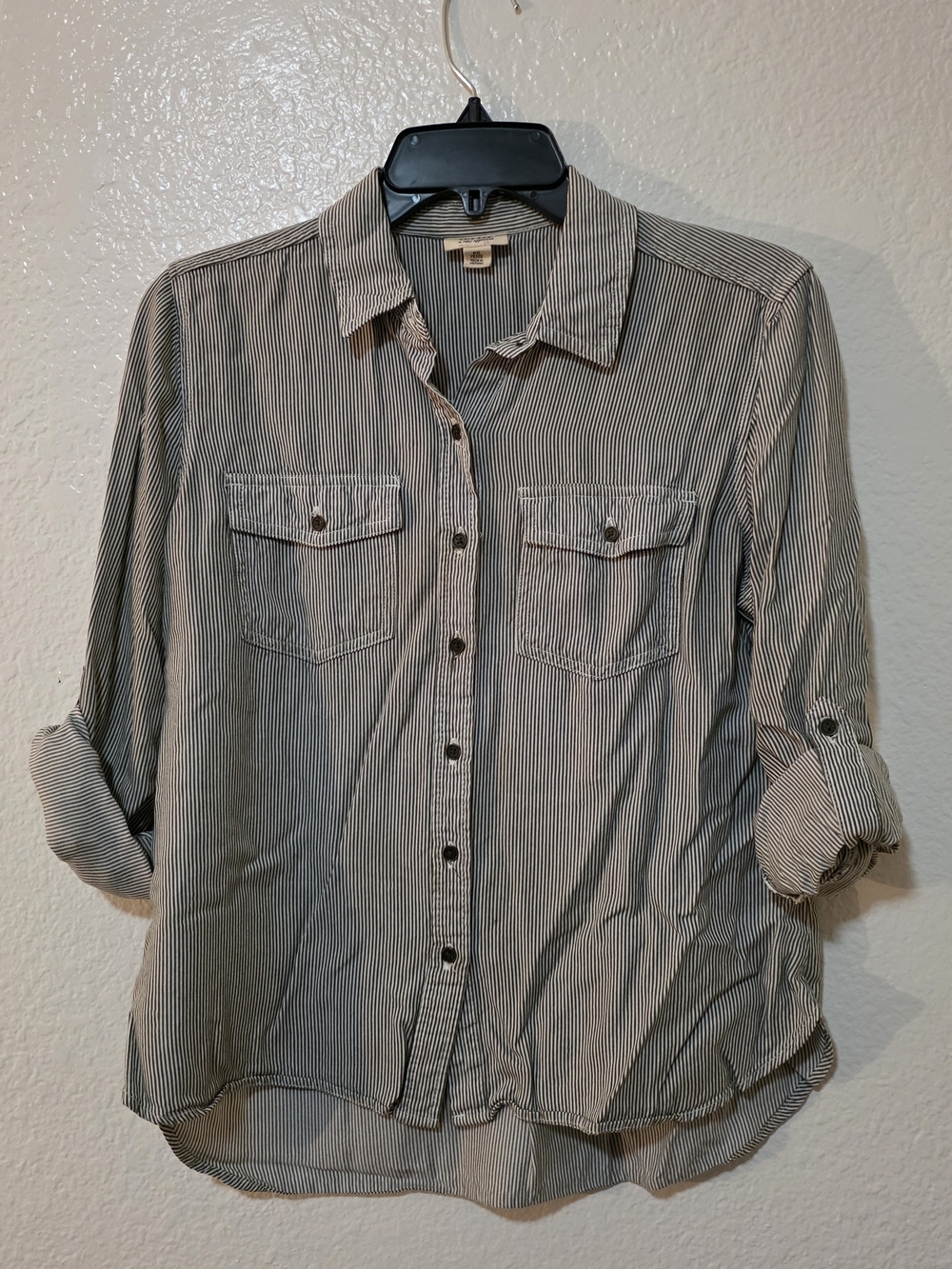 a.n.a Thin Black & White Striped Button-Down Shirt with Pockets & Rollup Sleeves